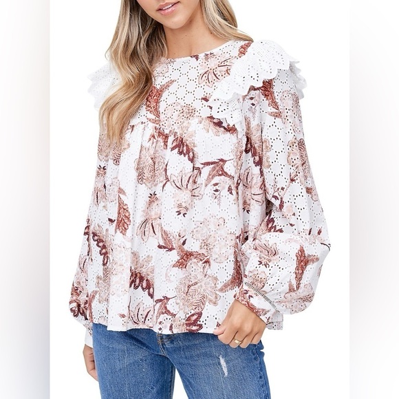 En Saison White Floral Lace Ruffle Long Sleeve Blouse Size Small - Picture 12 of 12